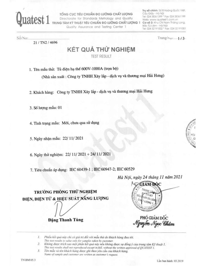 test tủ điện hạ thế