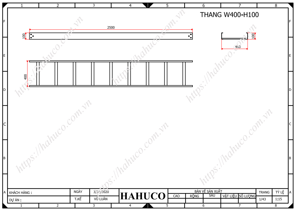 Bản vẽ kĩ thuật thang cáp điện 400x100